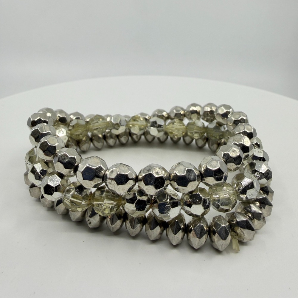 Metallic Silver Bead Stretch Bracelet Set - Stackable Layering Jewelry